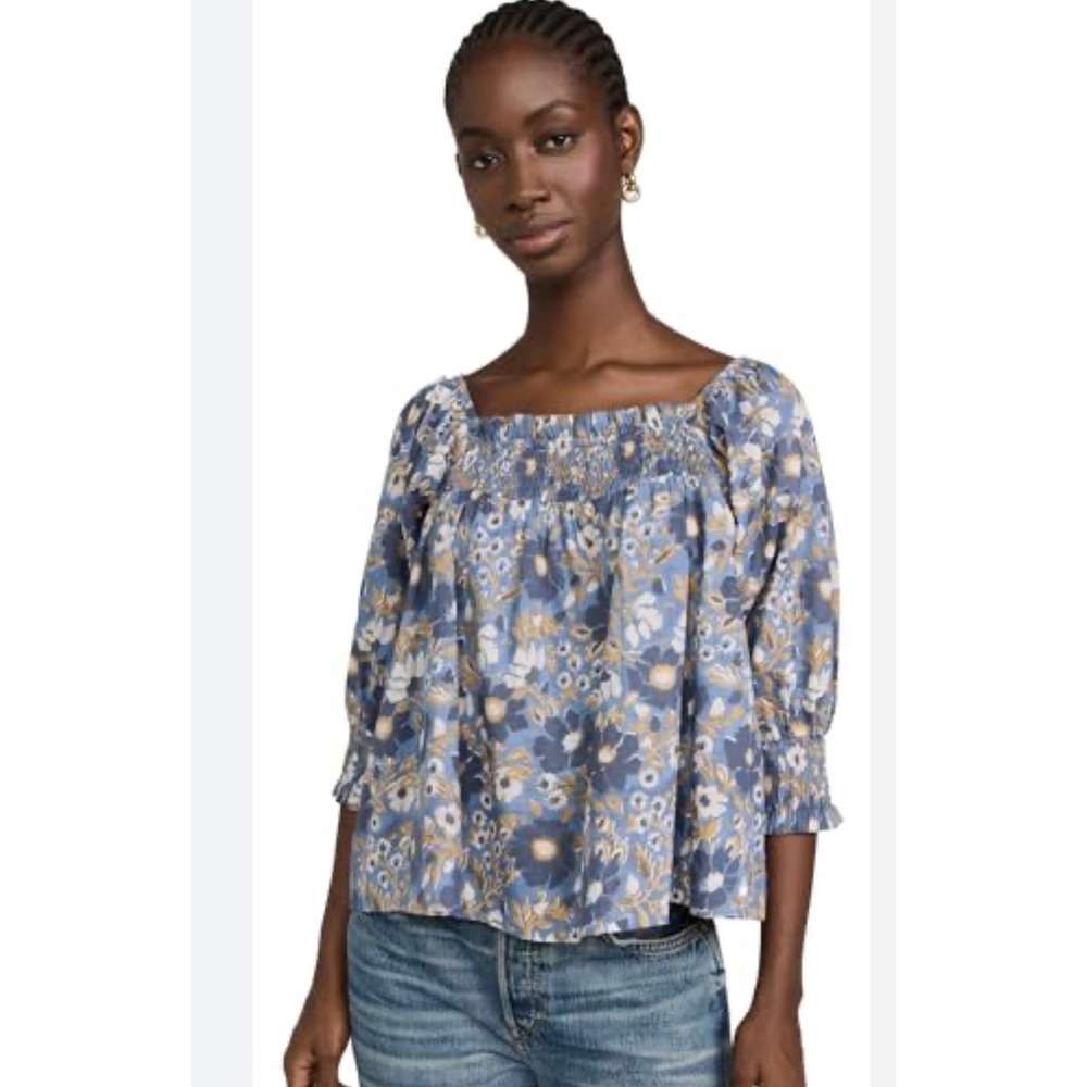 Women's Designer Marea Meg Top in Blue Floral Multi size M cotton boho